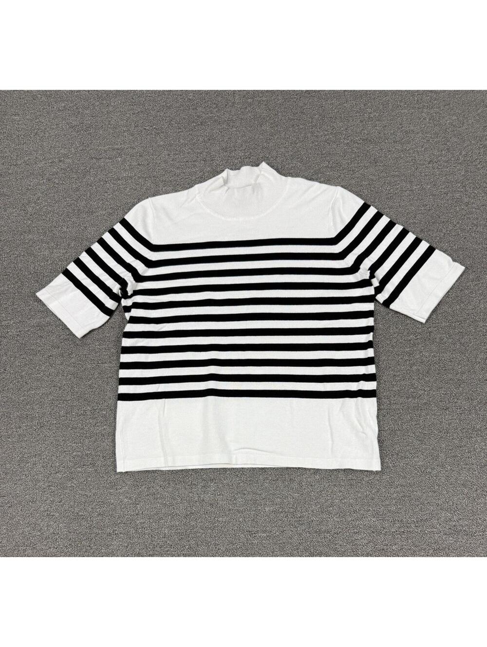 Philosophy Striped Mock Neck Short Sleeve Women's Pet. L Classy Black White